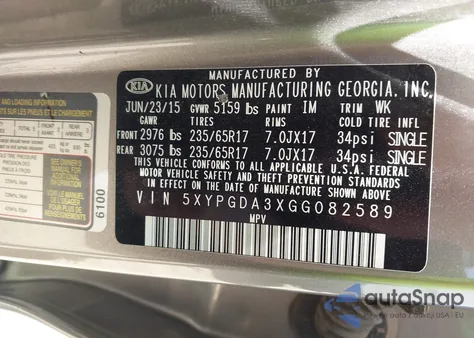 2016 Kia Sorento 2.4L Lx z USA, uszkodzony, nr VIN 5XYPGDA3XGG082589